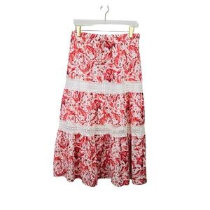 FRYE Maxi Skirt Womens Large Burgundy White Floral Tiered New Lined Lace Elastic